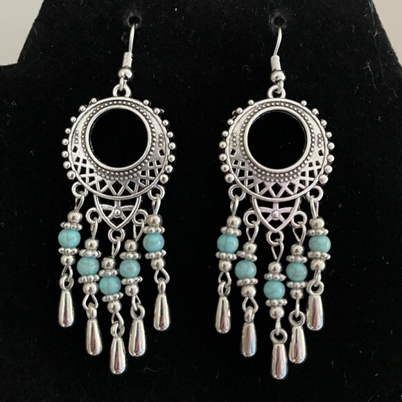 3/$17 Ethnic Inspired Silver and Faux Turquoise Dangle Pierced Earrings - Picture 1 of 3